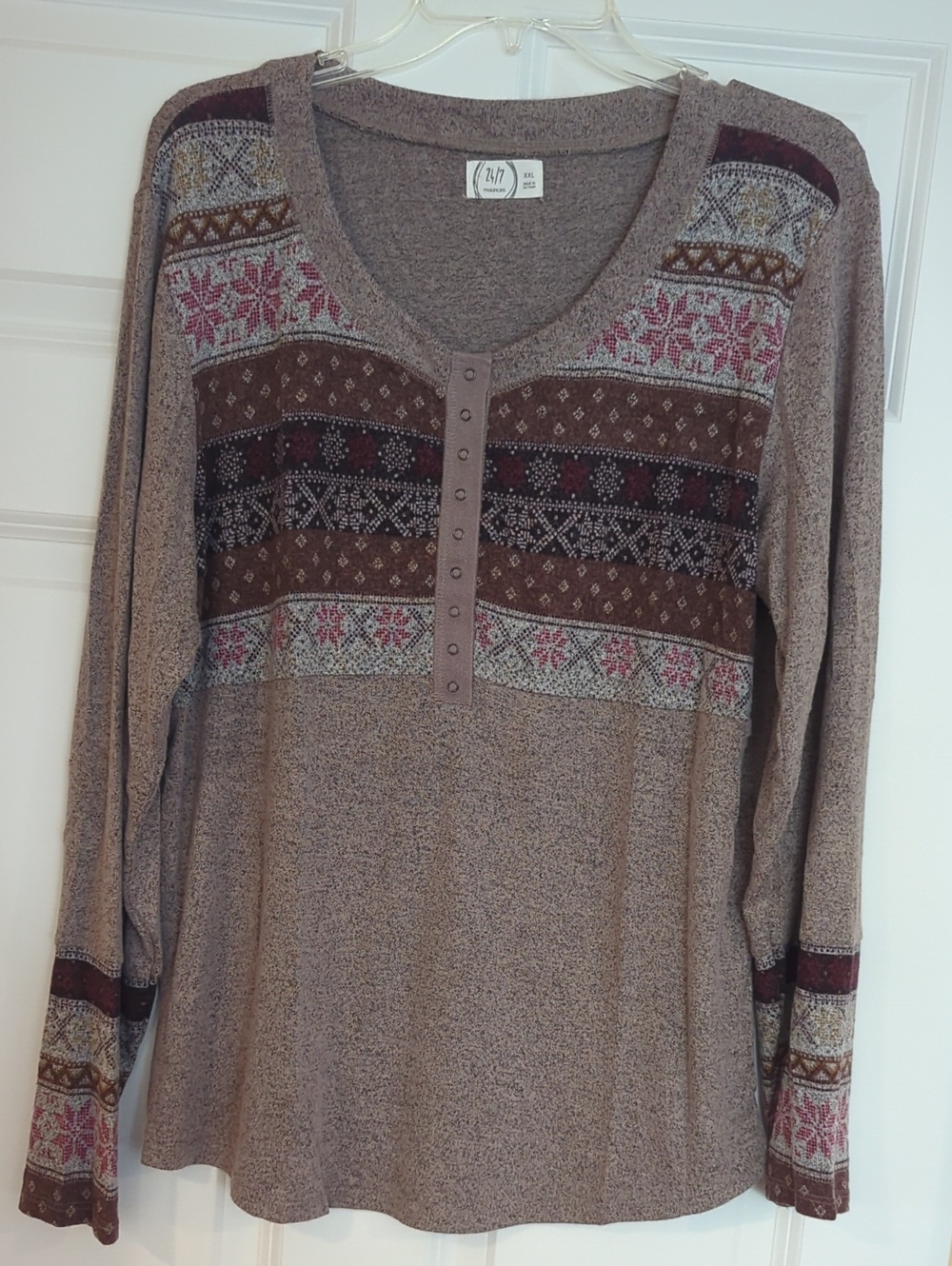 Taupe Fair Isle Henley Long Sleeve Top